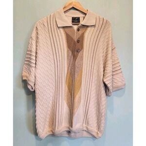 Vtg Bergati Beige Textured Lightweight Knit Collared 1/4 Button Sweater Sz L